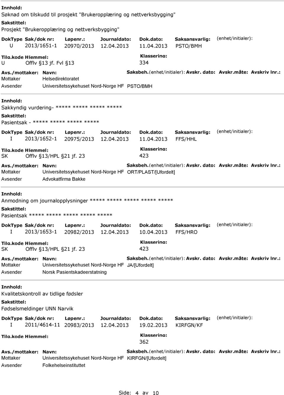 : Mottaker Helsedirektoratet niversitetssykehuset Nord-Norge HF PSTO/BMH Sakkyndig vurdering- ***** ***** ***** ***** ***** 2013/1652-1 20975/2013 FFS/HHL Avs.