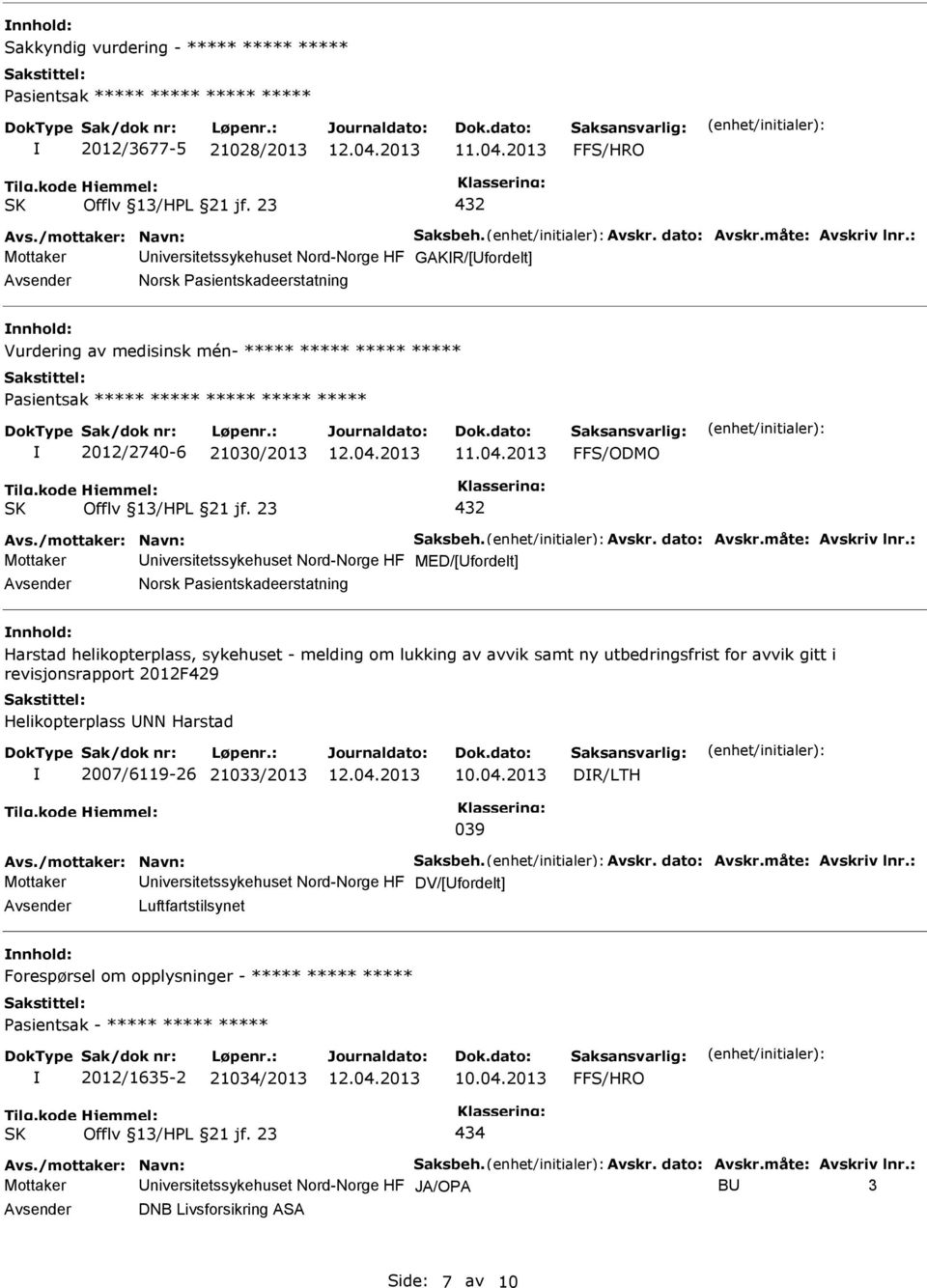 21030/2013 FFS/ODMO 432 Avs./mottaker: Navn: Saksbeh. Avskr. dato: Avskr.måte: Avskriv lnr.