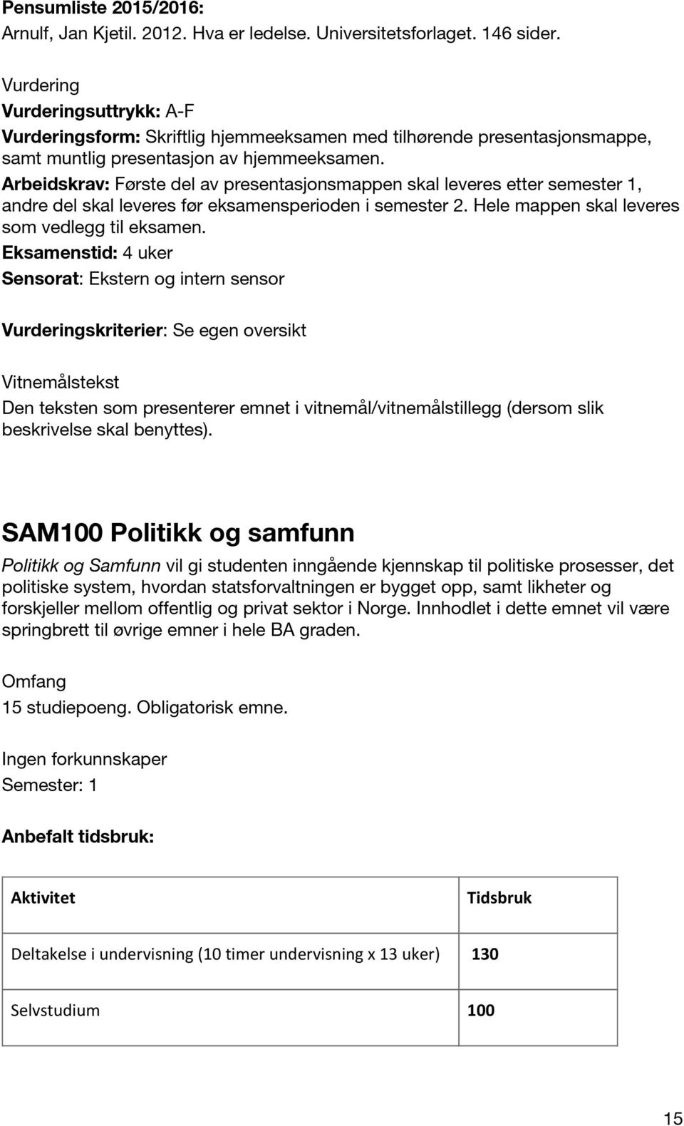 Arbeidskrav: Første del av presentasjonsmappen skal leveres etter semester 1, andre del skal leveres før eksamensperioden i semester 2. Hele mappen skal leveres som vedlegg til eksamen.