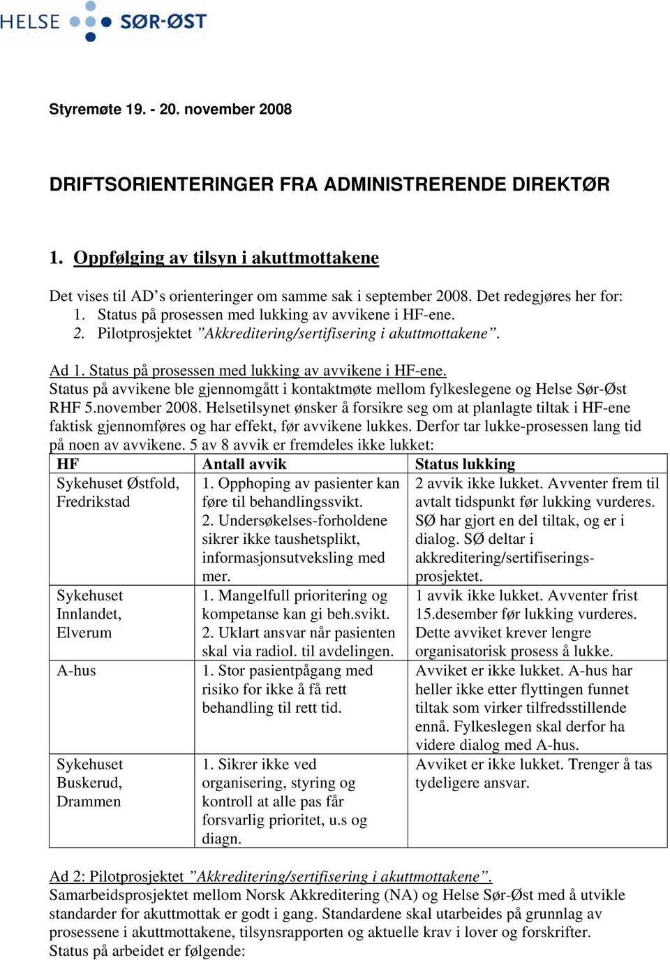 Status på prosessen med lukking av avvikene i HF-ene. Status på avvikene ble gjennomgått i kontaktmøte mellom fylkeslegene og Helse Sør-Øst RHF 5.november 2008.