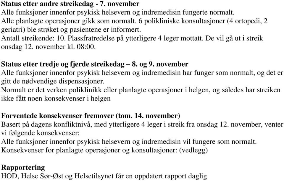 november kl. 08:00. Status etter tredje og fjerde streikedag 8. og 9.
