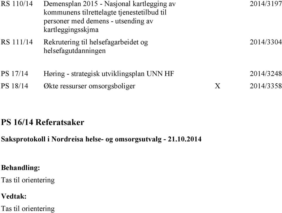 17/14 Høring - strategisk utviklingsplan UNN HF 2014/3248 PS 18/14 Økte ressurser omsorgsboliger X 2014/3358 PS 16/14