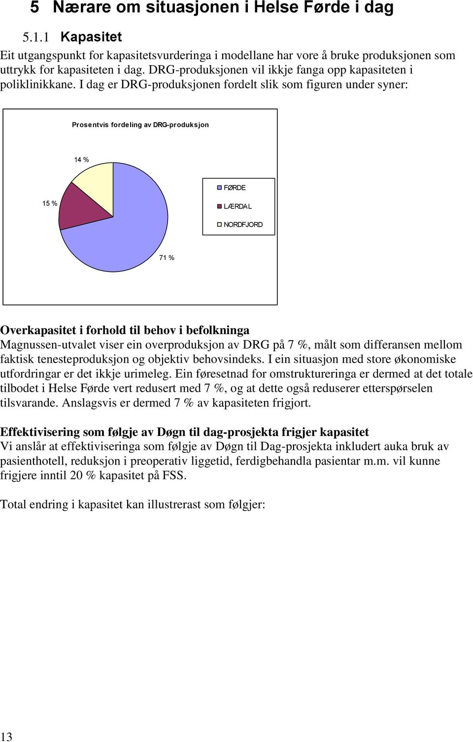 I dag er DRG-produksjonen fordelt slik som figuren under syner: Prosentvis fordeling av DRG-produksjon 14 % FØRDE 15 % LÆRDAL NORDFJORD 71 % Overkapasitet i forhold til behov i befolkninga