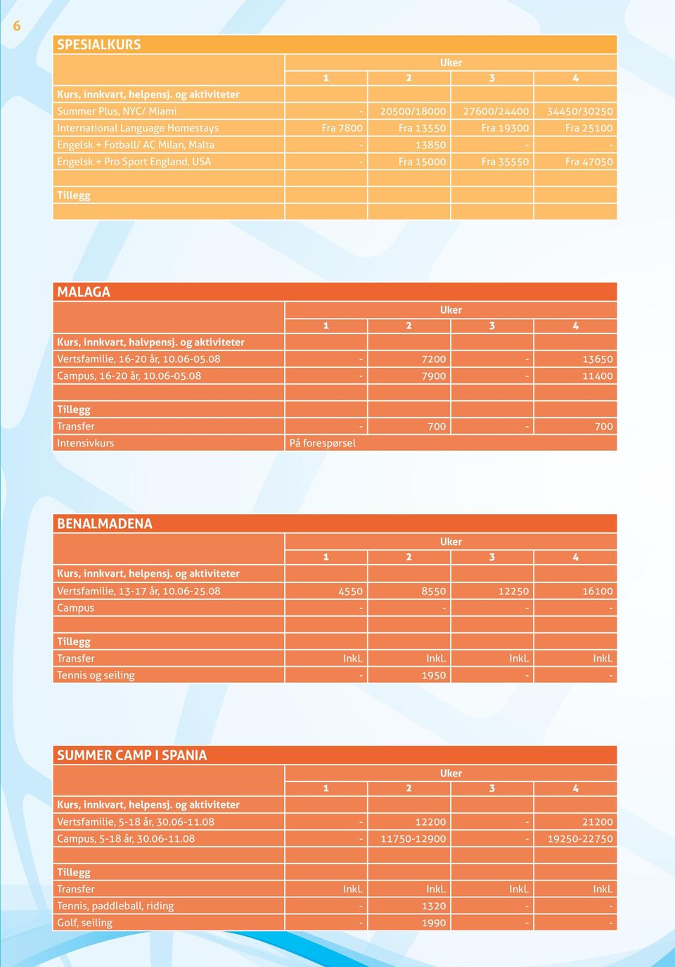 08-7200 - 13650 Campus, 16-20 år, 10.06-05.08-7900 - 11400 Transfer - 700-700 Intensivkurs På forespørsel BENALMADENA Vertsfamilie, 13-17 år, 10.06-25.