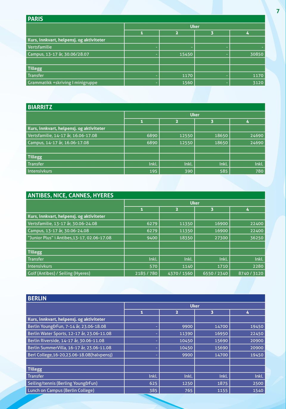 08 6279 11350 16900 22400 Campus, 13-17 år, 30.06-24.08 6279 11350 16900 22400 Junior Plus i Antibes,13-17, 02.06-17.