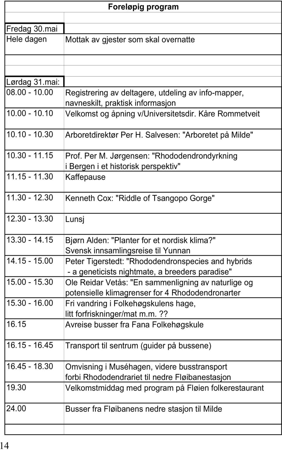 Jørgensen: "Rhododendrondyrkning i Bergen i et historisk perspektiv" 11.15-11.30 Kaffepause 11.30-12.30 Kenneth Cox: "Riddle of Tsangopo Gorge" 12.30-13.30 Lunsj 13.30-14.