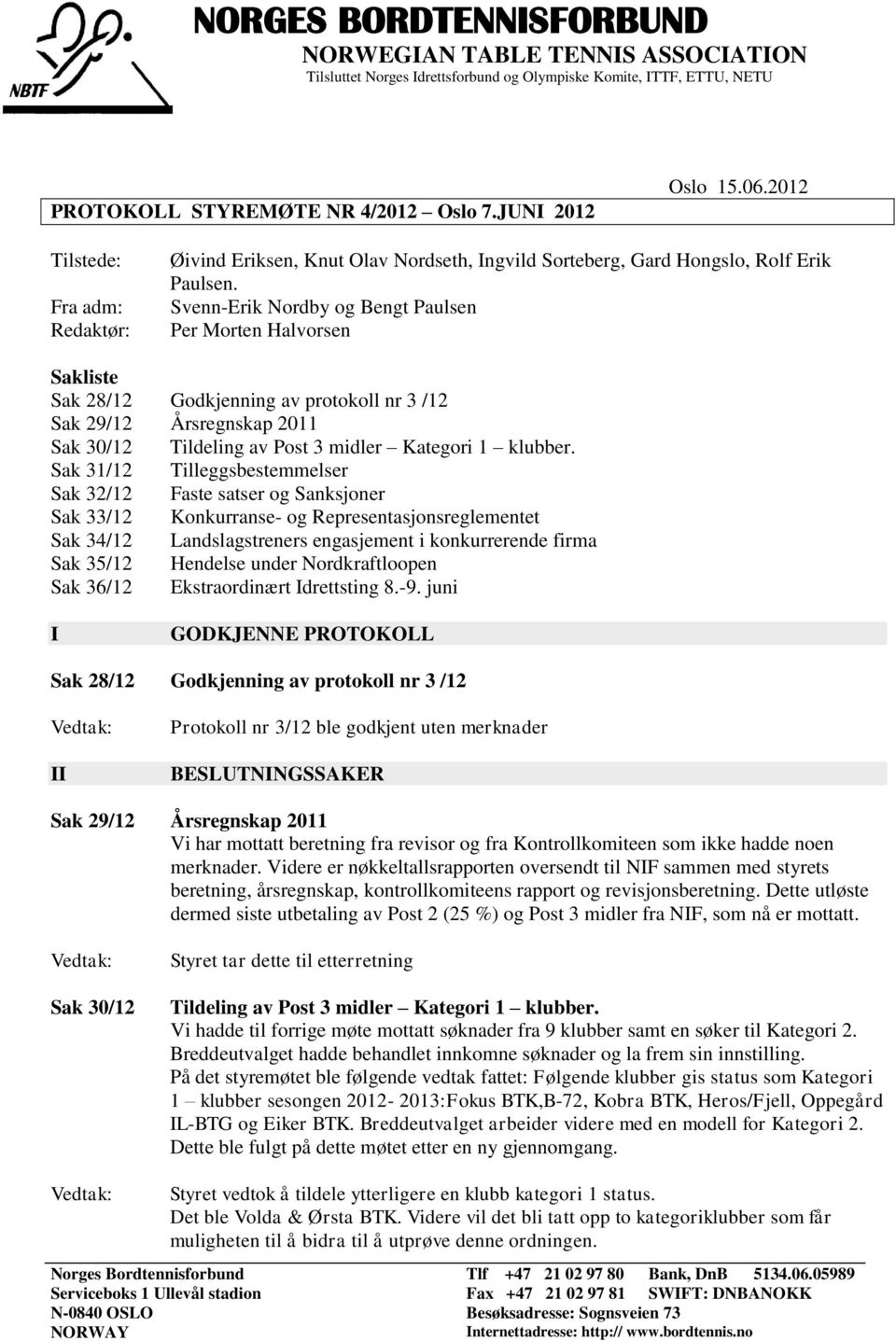 Svenn-Erik Nordby og Bengt Paulsen Per Morten Halvorsen Sakliste Sak 28/12 Godkjenning av protokoll nr 3 /12 Sak 29/12 Årsregnskap 2011 Sak 30/12 Tildeling av Post 3 midler Kategori 1 klubber.