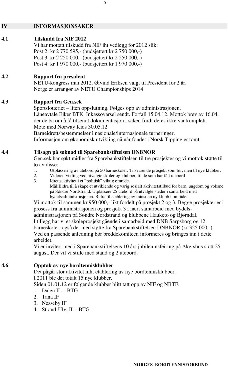 970 000,- (budsjettert kr 1 970 000,-) 4.2 Rapport fra president NETU-kongress mai 2012. Øivind Eriksen valgt til President for 2 år. Norge er arrangør av NETU Championships 2014 4.3 Rapport fra Gen.