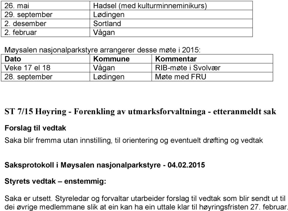 september Lødingen Møte med FRU ST 7/15 Høyring - Forenkling av utmarksforvaltninga - etteranmeldt sak Saka blir fremma utan innstilling, til