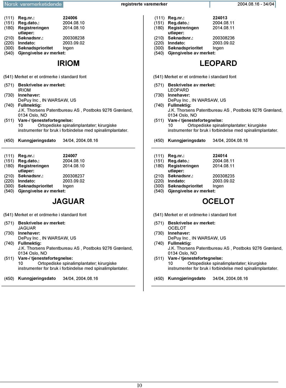 Thorsens Patentbureau AS, Postboks 9276 Grønland, 0134 Oslo, 10 Ortopediske spinalimplantater; kirurgiske instrumenter for bruk i forbindelse med spinalimplantater. (111) Reg.nr.: 224013 (151) Reg.