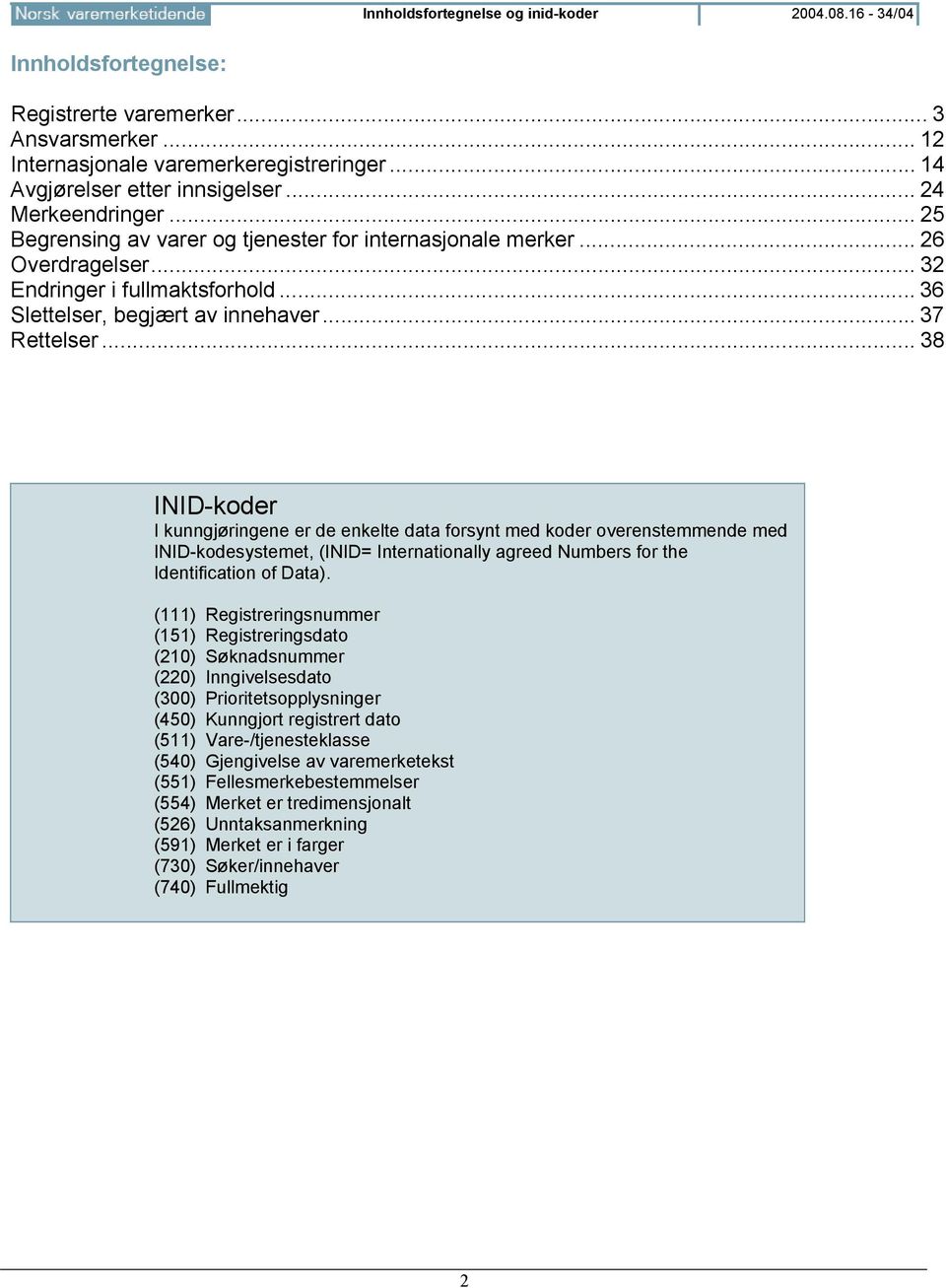 .. 38 INID-koder I kunngjøringene er de enkelte data forsynt med koder overenstemmende med INID-kodesystemet, (INID= Internationally agreed Numbers for the Identification of Data).