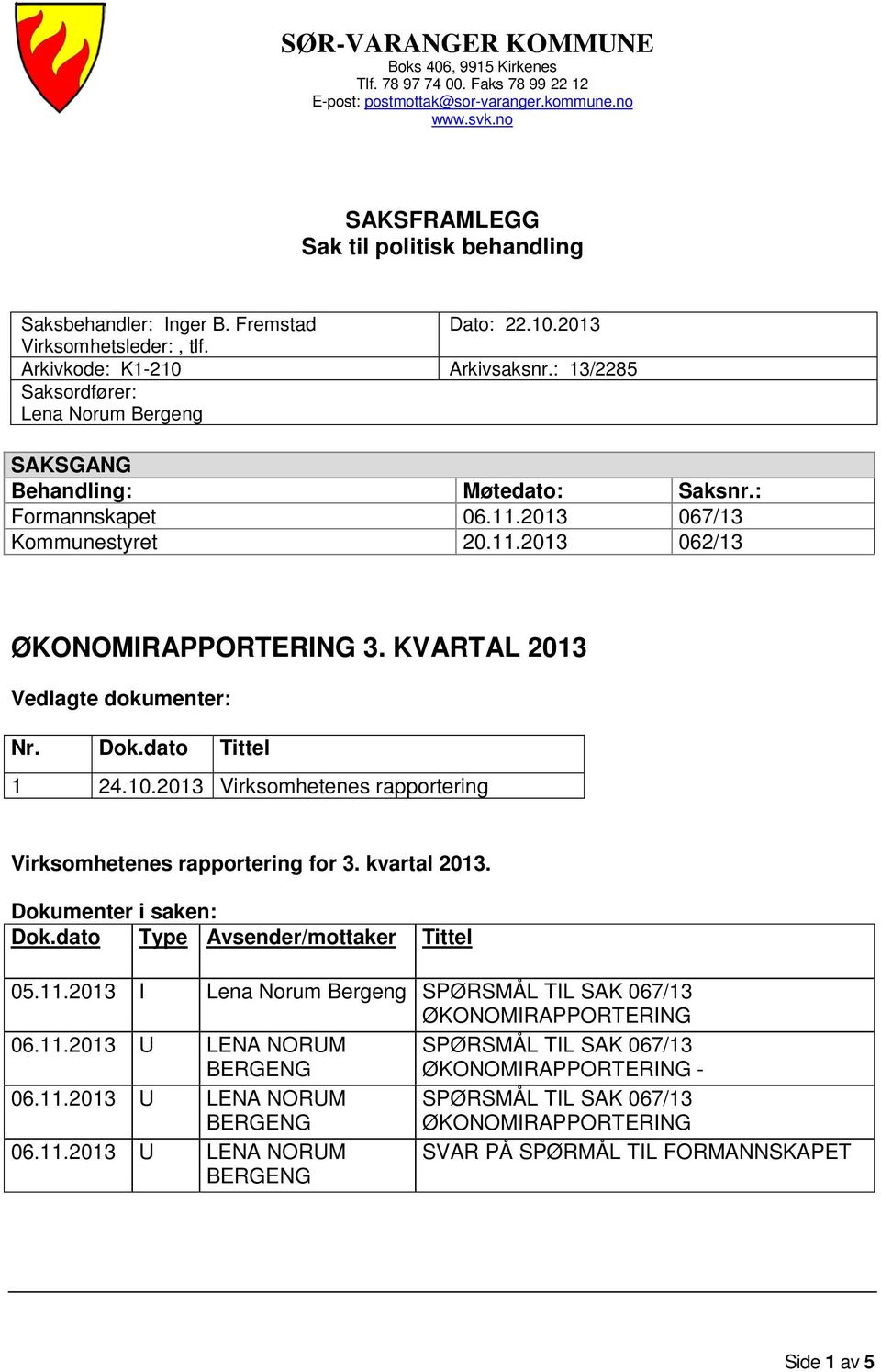 2013 067/13 Kommunestyret 20.11.2013 062/13 ØKONOMIRAPPORTERING 3. KVARTAL 2013 Vedlagte dokumenter: Nr. Dok.dato Tittel 1 24.10.2013 Virksomhetenes rapportering Virksomhetenes rapportering for 3.