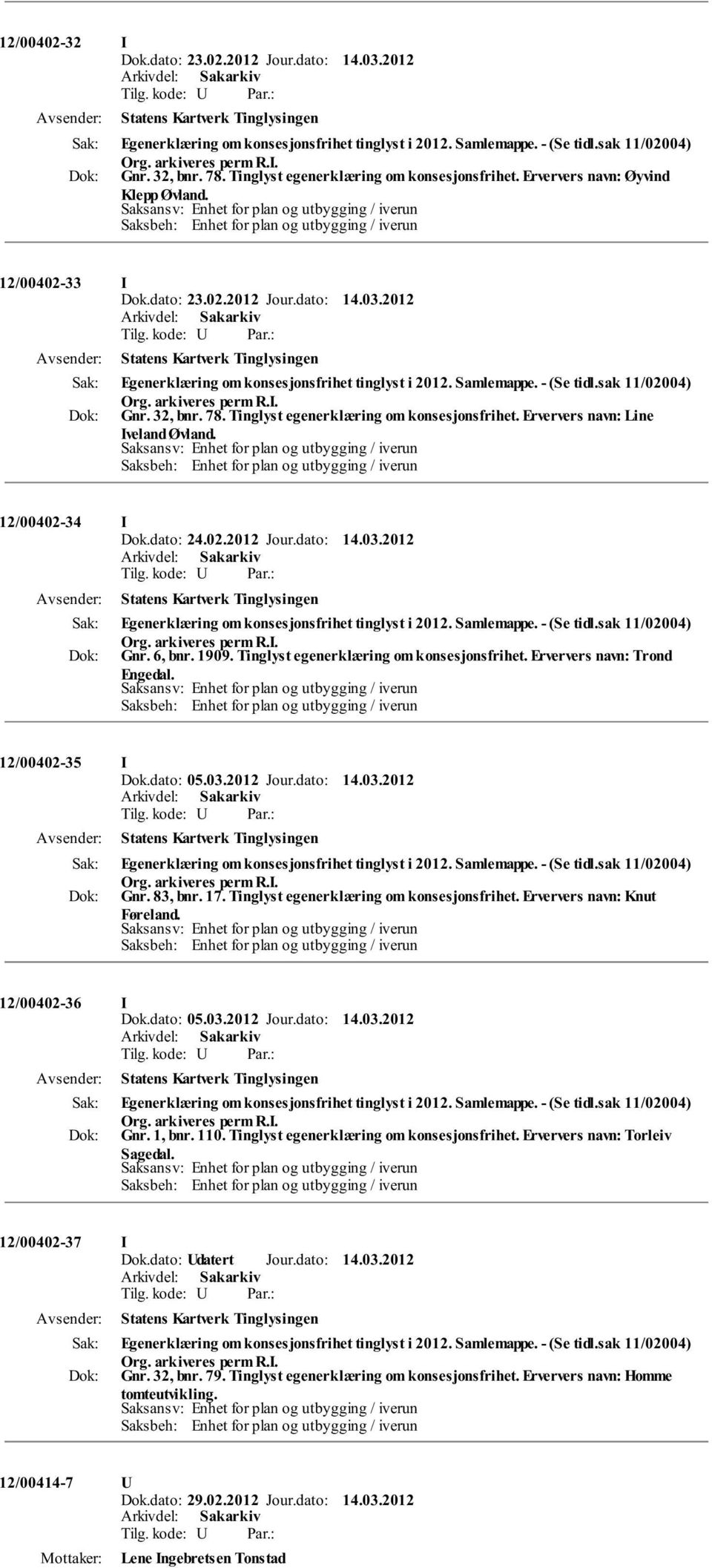 Saksansv: Enhet for plan og utbygging / iverun Saksbeh: Enhet for plan og utbygging / iverun 12/00402-33 I Dok.dato: 23.02.2012 Jour.dato: 14.03.