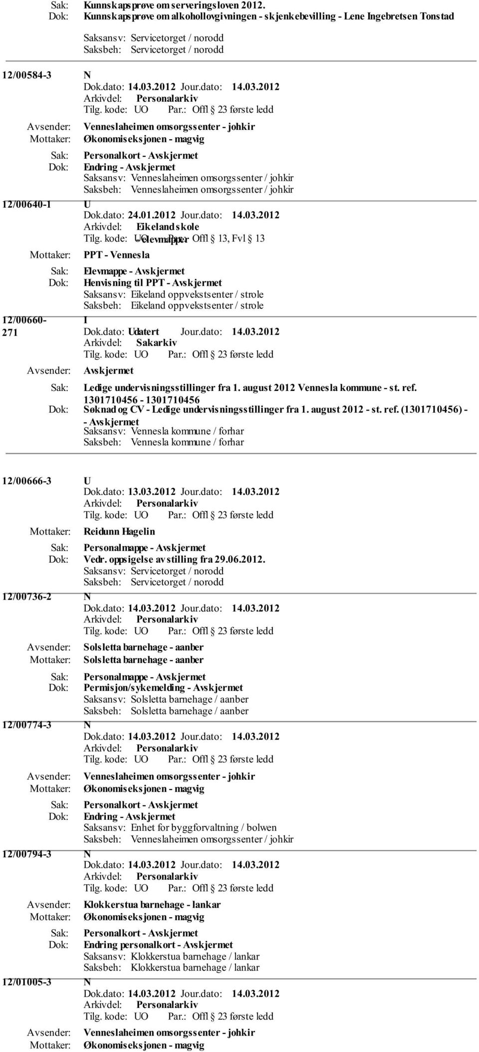 Økonomiseksjonen - magvig Personalkort - Endring - Saksansv: Venneslaheimen omsorgssenter / johkir 12/00640-1 U Dok.dato: 24.01.2012 Jour.dato: 14.03.