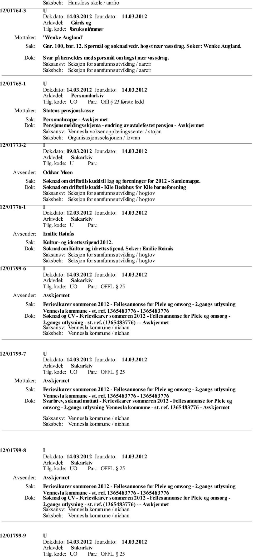 pensjon - Saksansv: Vennesla voksenopplæringssenter / stojan Saksbeh: Organisasjonsseksjonen / lovran 12/01773-2 I Dok.dato: 09.03.