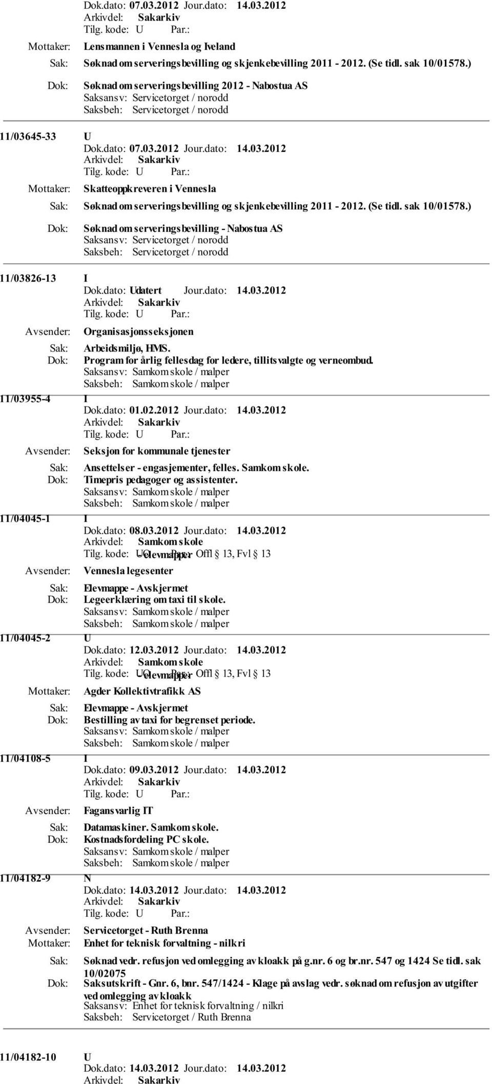 45-33 U Dok.dato: 07.03.2012 Jour.dato: 14.03.2012 Skatteoppkreveren i Vennesla Søknad om serveringsbevilling og skjenkebevilling 2011-2012. (Se tidl. sak 10/01578.