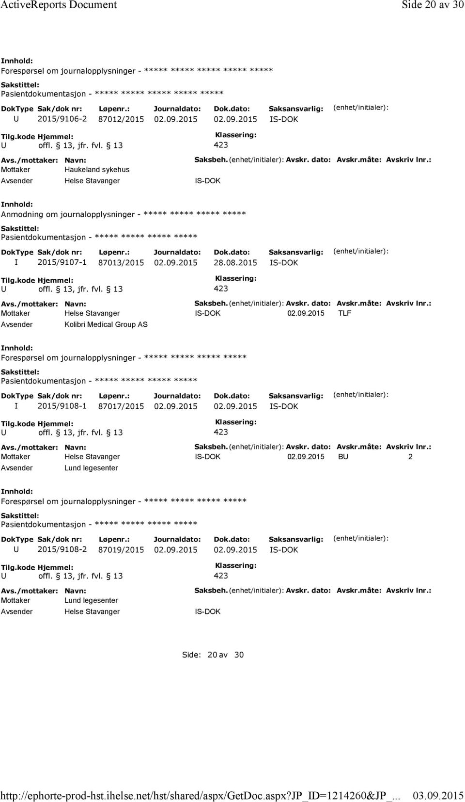 : Anmodning om journalopplysninger - ***** ***** ***** ***** 2015/9107-1 87013/2015 28.08.2015 Kolibri Medical Group AS Saksbeh. Avskr. dato: Avskr.måte: Avskriv lnr.