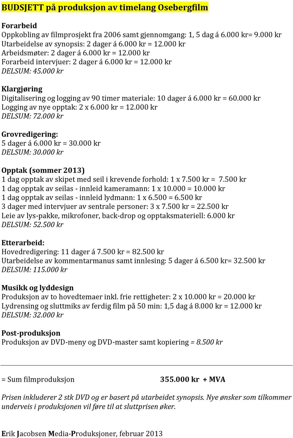 000 kr = 60.000 kr Logging av nye opptak: 2 x 6.000 kr = 12.000 kr DELSUM: 72.000 kr Grovredigering: 5 dager á 6.000 kr = 30.000 kr DELSUM: 30.