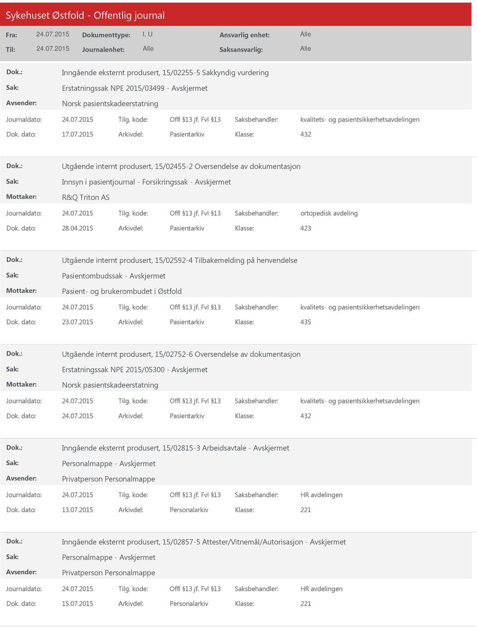 2015 Arkivdel: Pasientarkiv 423 tgående internt produsert, 15/02592-4 Tilbakemelding på henvendelse Pasientombudssak - Pasient- og brukerombudet i Østfold Dok. dato: 23.07.