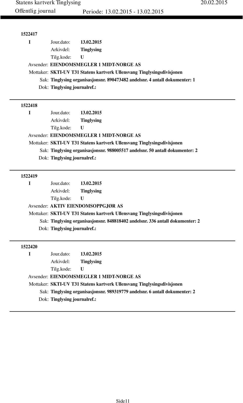 50 antall dokumenter: 2 Dok: journalref.: 1522419 Avsender: AKTIV EIENDOMSOPPGJØR AS Mottaker: SKTI-V T31 Statens kartverk llensvang sdivisjonen Sak: organisasjonsnr. 848818402 andelsnr.