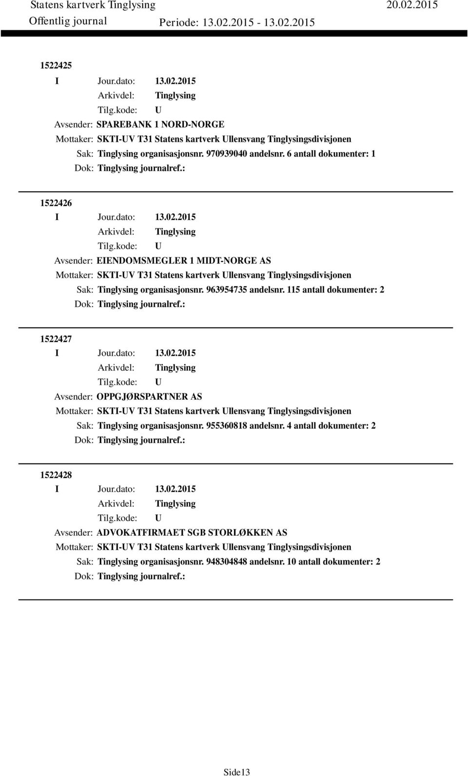 115 antall dokumenter: 2 Dok: journalref.: 1522427 Avsender: OPPGJØRSPARTNER AS Mottaker: SKTI-V T31 Statens kartverk llensvang sdivisjonen Sak: organisasjonsnr. 955360818 andelsnr.