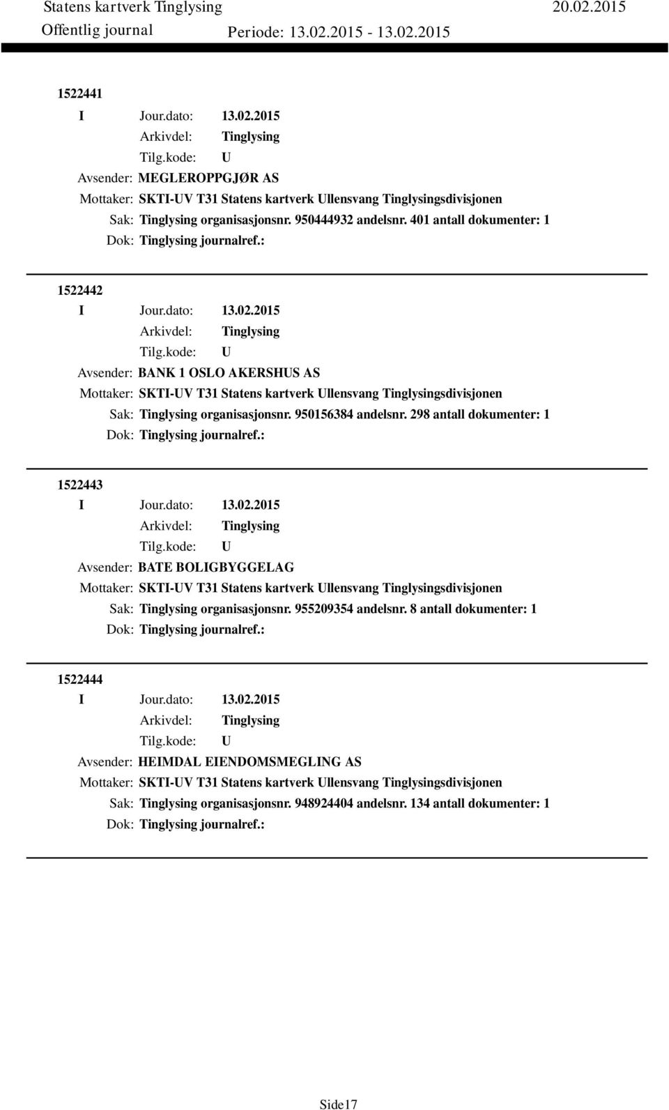 298 antall dokumenter: 1 Dok: journalref.: 1522443 Avsender: BATE BOLIGBYGGELAG Mottaker: SKTI-V T31 Statens kartverk llensvang sdivisjonen Sak: organisasjonsnr. 955209354 andelsnr.