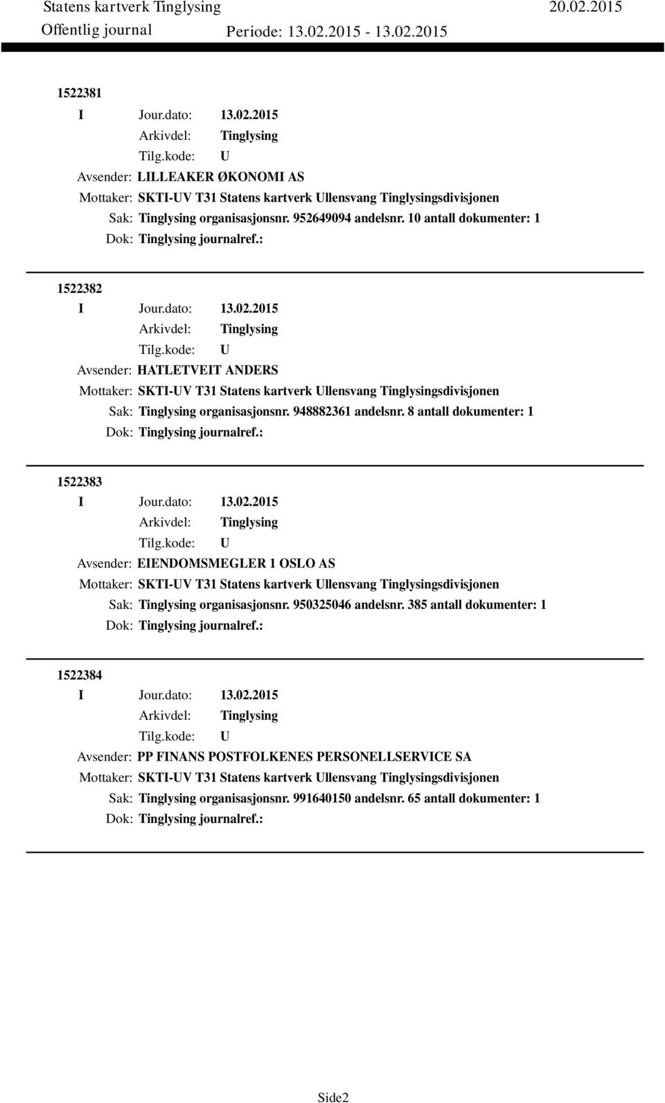 8 antall dokumenter: 1 Dok: journalref.: 1522383 Avsender: EIENDOMSMEGLER 1 OSLO AS Mottaker: SKTI-V T31 Statens kartverk llensvang sdivisjonen Sak: organisasjonsnr. 950325046 andelsnr.