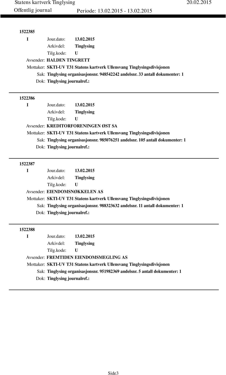 105 antall dokumenter: 1 Dok: journalref.: 1522387 Avsender: EIENDOMSNØKKELEN AS Mottaker: SKTI-V T31 Statens kartverk llensvang sdivisjonen Sak: organisasjonsnr. 988323632 andelsnr.