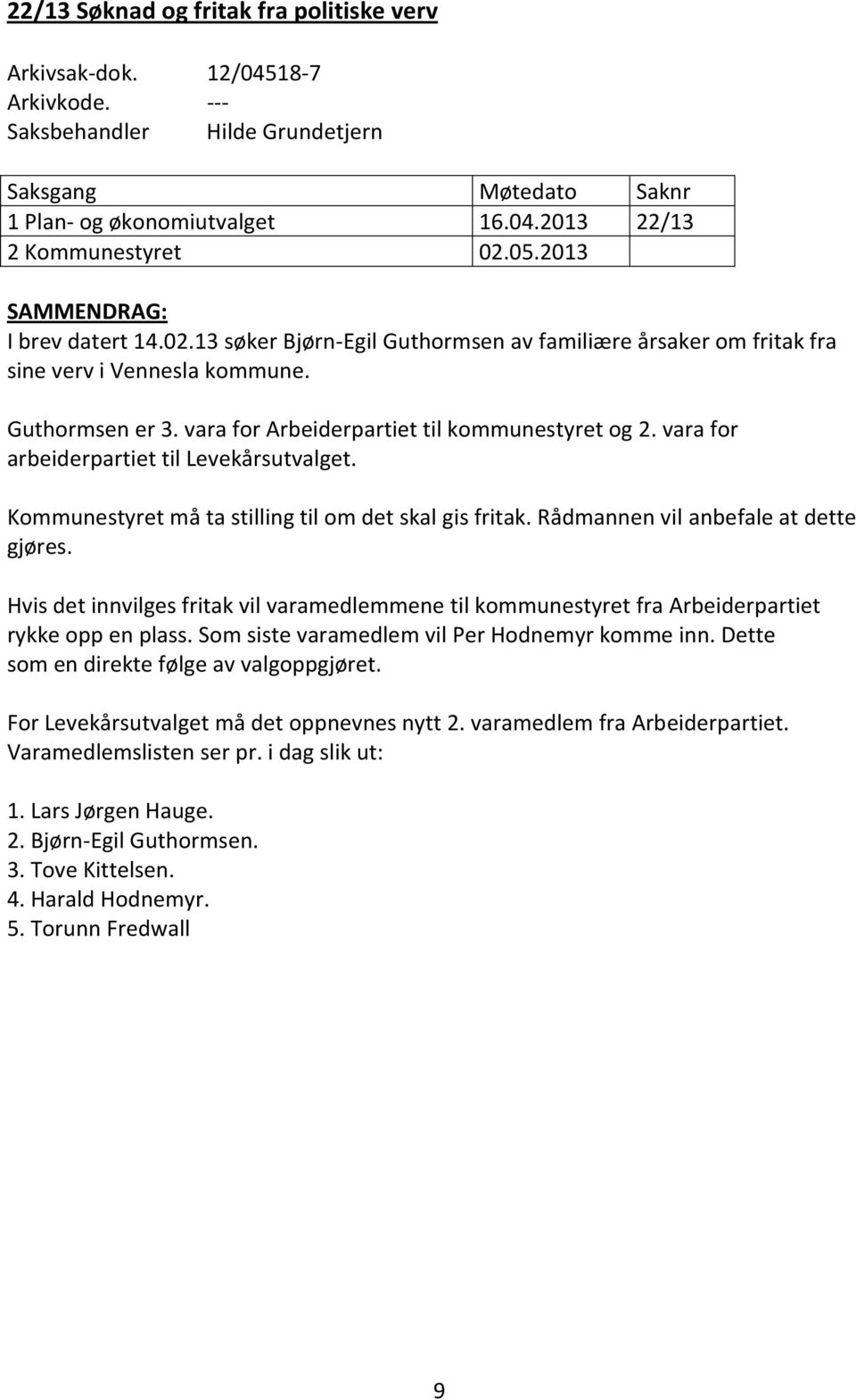 vara for Arbeiderpartiet til kommunestyret og 2. vara for arbeiderpartiet til Levekårsutvalget. Kommunestyret må ta stilling til om det skal gis fritak. Rådmannen vil anbefale at dette gjøres.