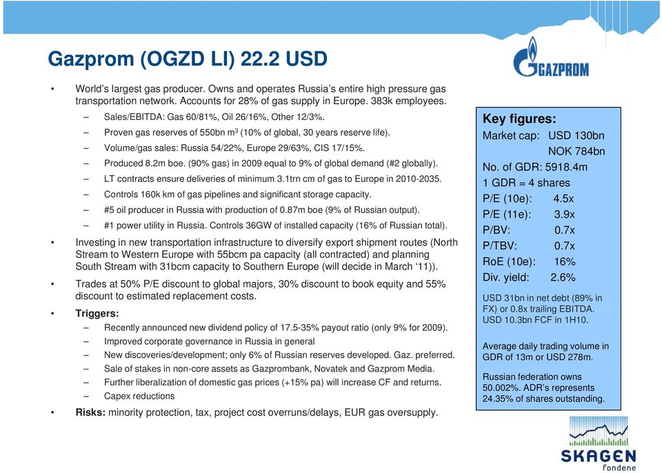 Produced 8.2m boe. (90% gas) in 2009 equal to 9% of global demand (#2 globally). LT contracts ensure deliveries of minimum 3.1trn cm of gas to Europe in 2010-2035.