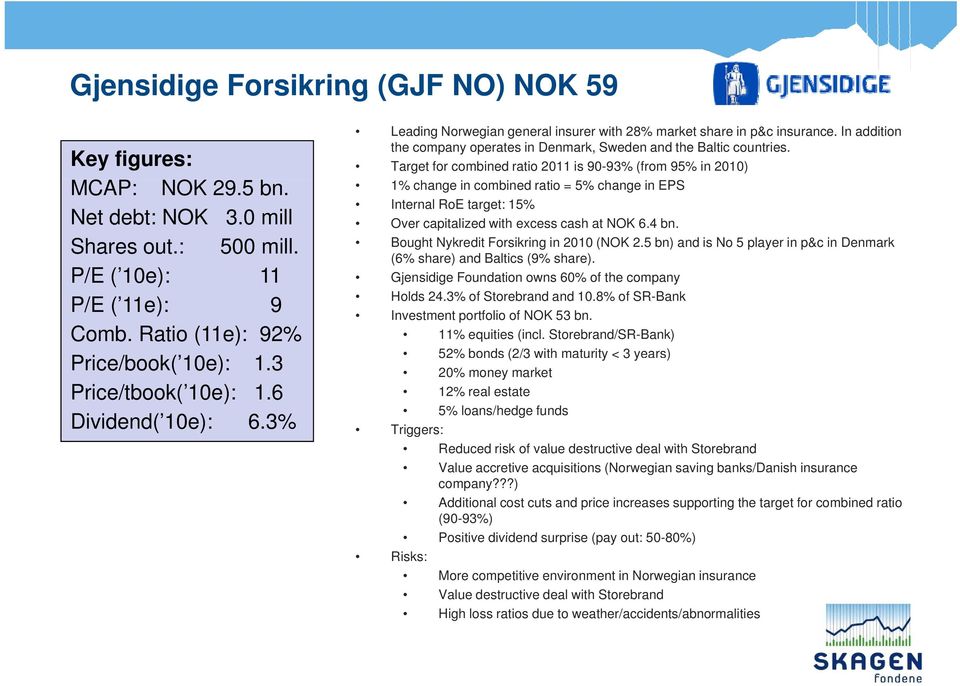 Target for combined ratio 2011 is 90-93% (from 95% in 2010) 1% change in combined ratio = 5% change in EPS Internal RoE target: 15% Over capitalized with excess cash at NOK 6.4 bn.