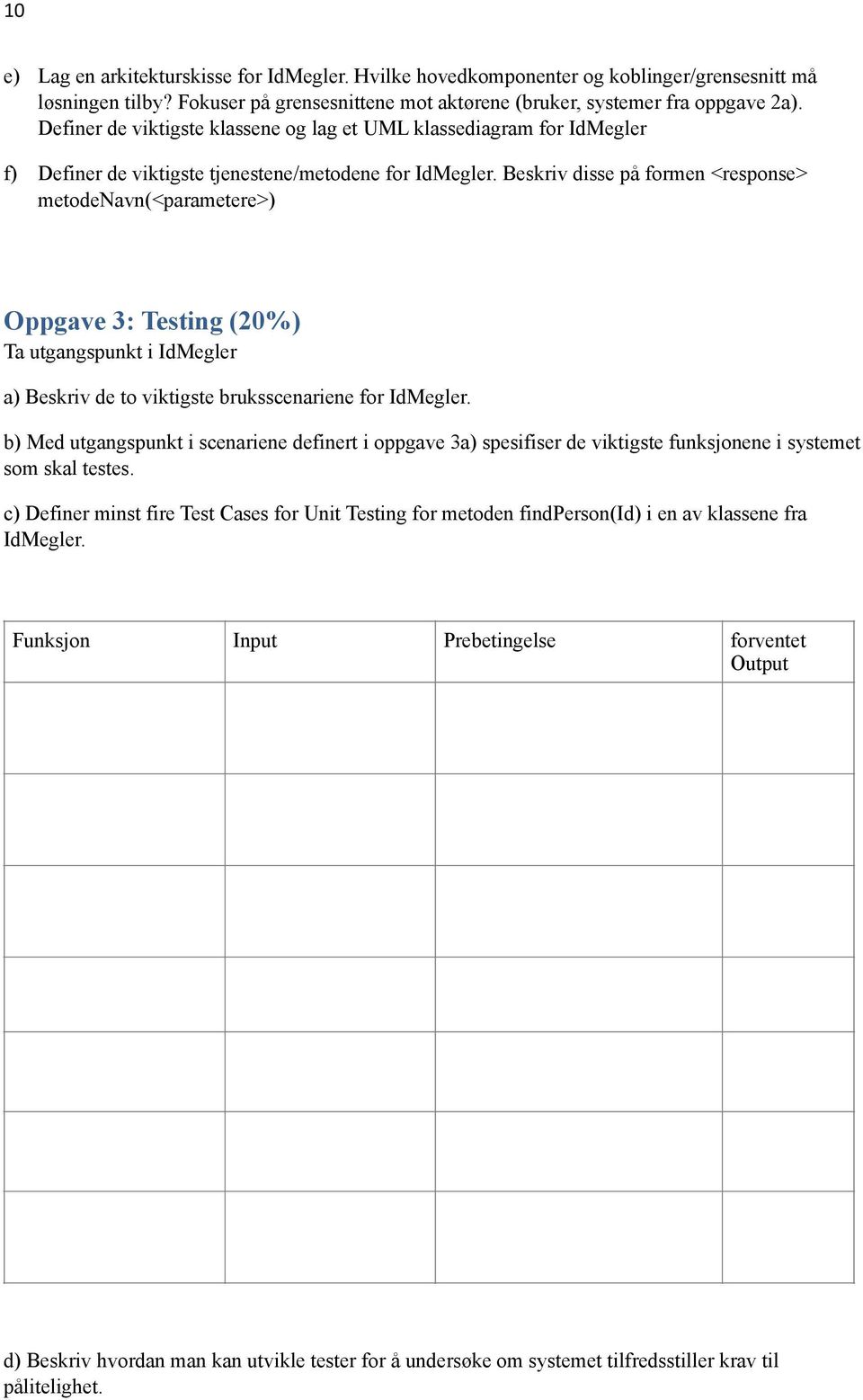 Beskriv disse på formen <response> metodenavn(<parametere>) Oppgave 3: Testing (20%) Ta utgangspunkt i IdMegler a) Beskriv de to viktigste bruksscenariene for IdMegler.