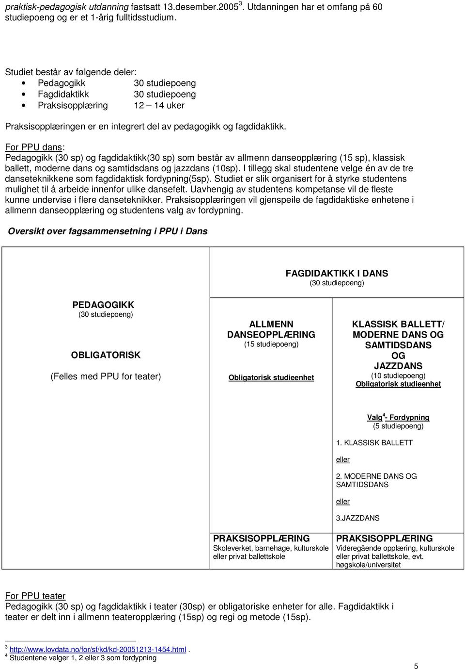 For PPU dans: Pedagogikk (30 sp) og fagdidaktikk(30 sp) som består av allmenn danseopplæring (15 sp), klassisk ballett, moderne dans og samtidsdans og jazzdans (10sp).