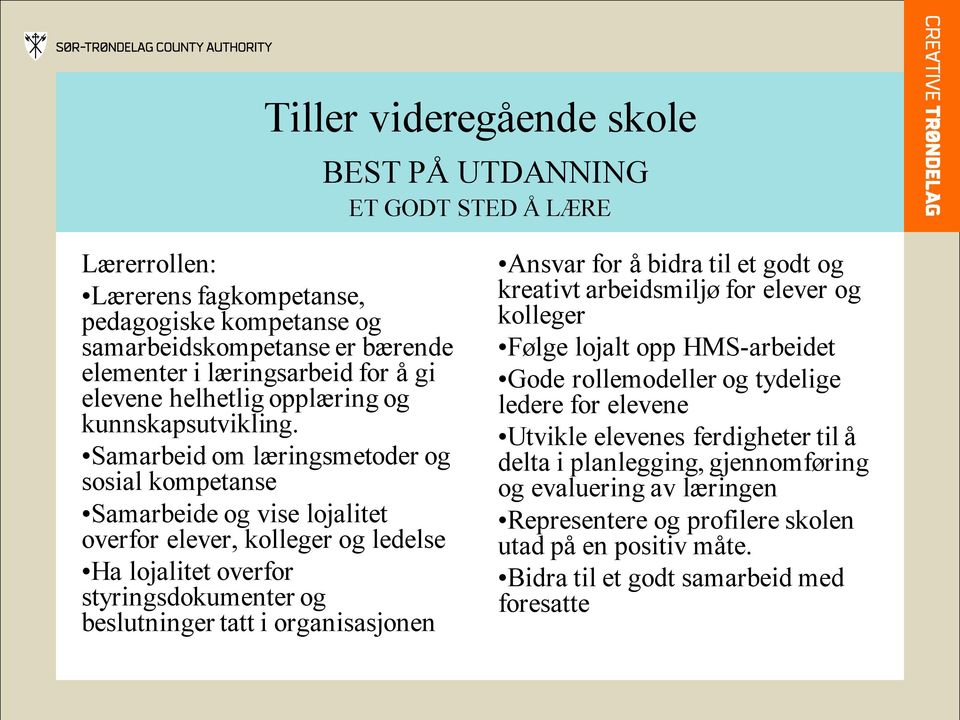 organisasjonen Ansvar for å bidra til et godt og kreativt arbeidsmiljø for elever og kolleger Følge lojalt opp HMS-arbeidet Gode rollemodeller og tydelige ledere for elevene Utvikle