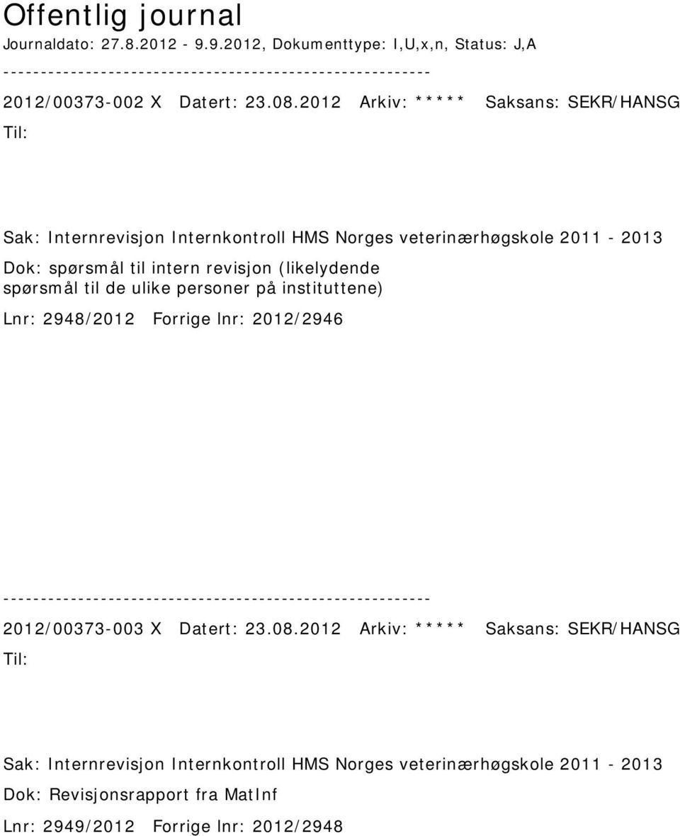 revisjon (likelydende spørsmål til de ulike personer på instituttene) Lnr: 2948/2012 Forrige lnr: 2012/2946 2012/00373-003 X Datert: 23.08.