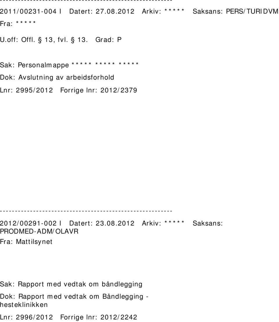 Grad: P Sak: Personalmappe ***** ***** ***** Dok: Avslutning av arbeidsforhold Lnr: 2995/2012 Forrige lnr: