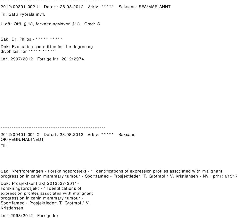 2012 Arkiv: ***** Saksans: ØK-REGN/NADINEDT Sak: Kreftforeningen - Forskningsprosjekt - " Identifications of expression profiles associated with malignant progression in canin mammary tumour -