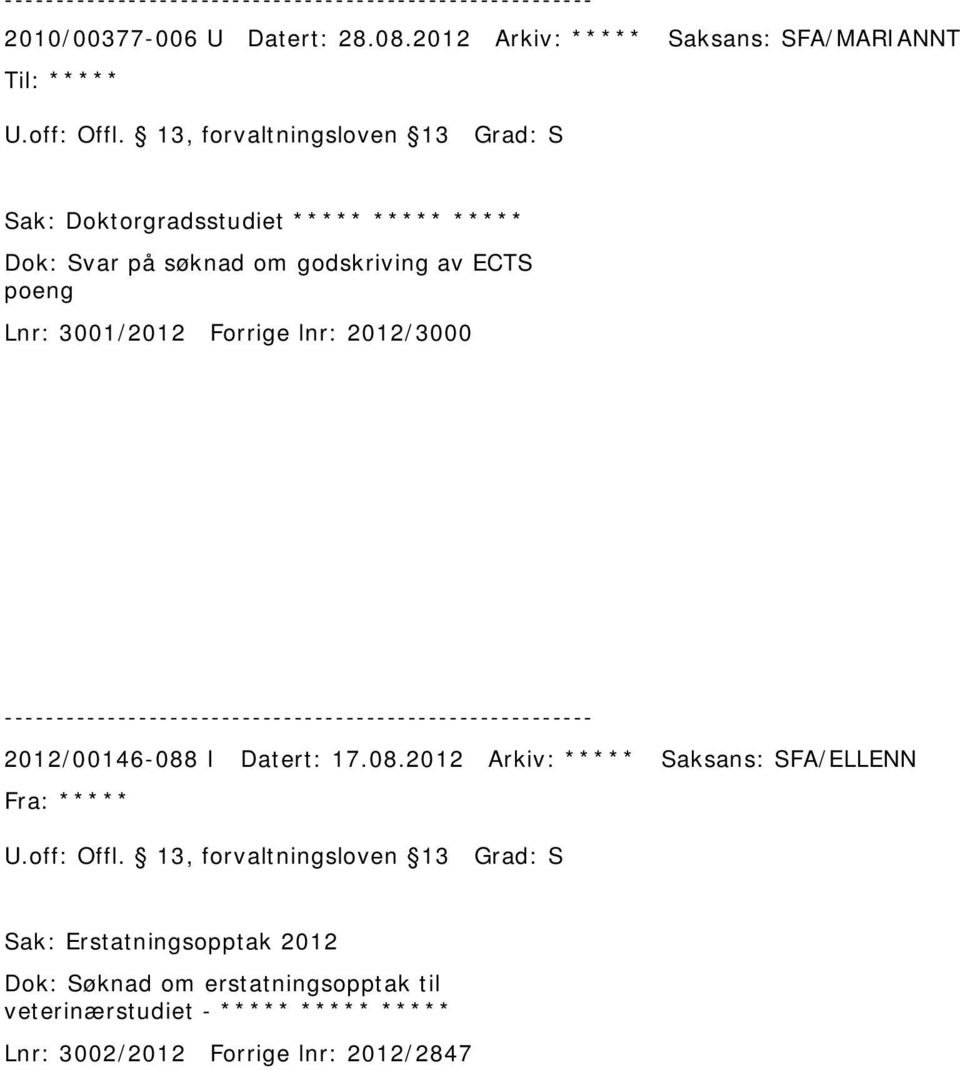 3001/2012 Forrige lnr: 2012/3000 2012/00146-088 I Datert: 17.08.2012 Arkiv: ***** Saksans: SFA/ELLENN Fra: ***** U.off: Offl.