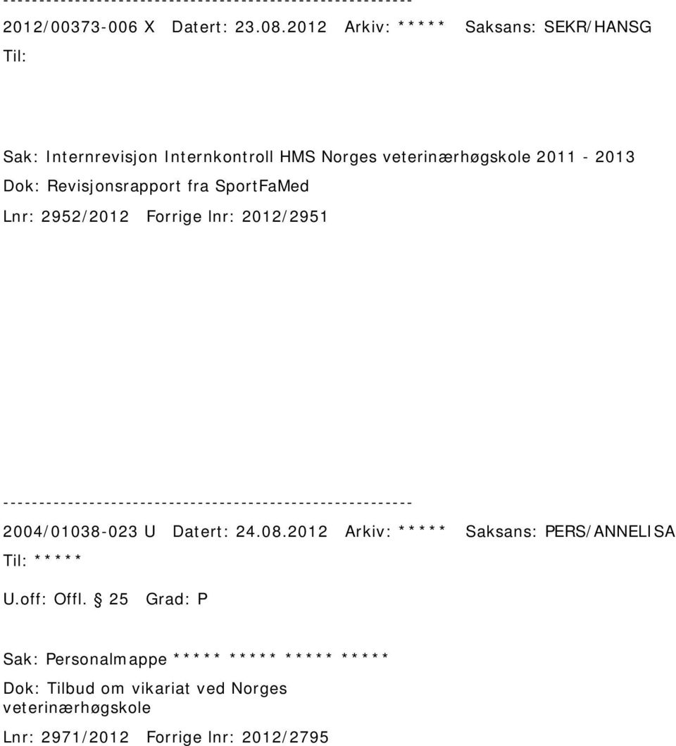 Dok: Revisjonsrapport fra SportFaMed Lnr: 2952/2012 Forrige lnr: 2012/2951 2004/01038-023 U Datert: 24.08.