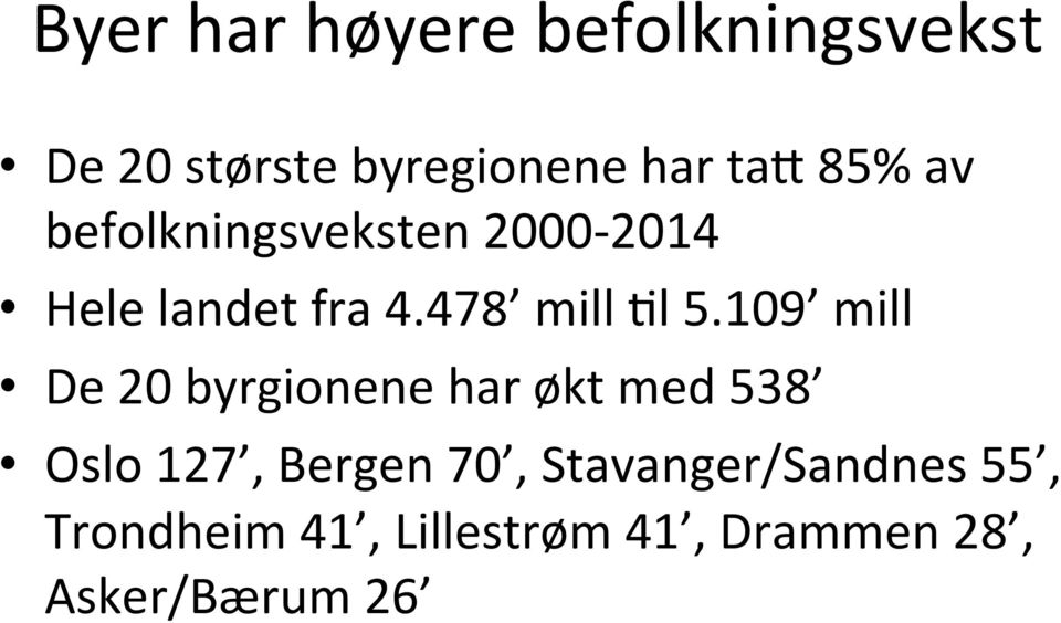 109 mill De 20 byrgionene har økt med 538 Oslo 127, Bergen 70,