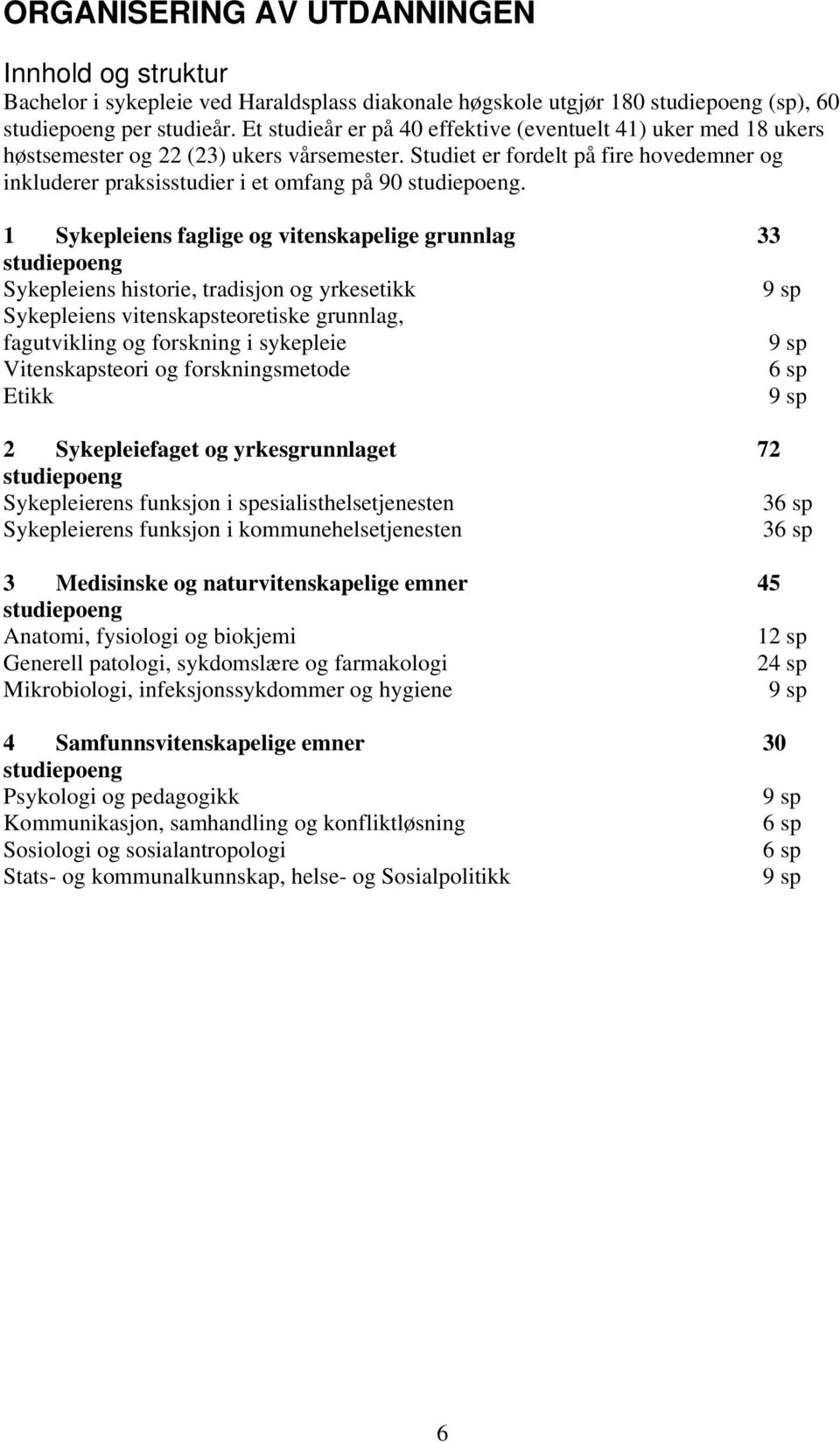 Studiet er fordelt på fire hovedemner og inkluderer praksisstudier i et omfang på 90 studiepoeng.