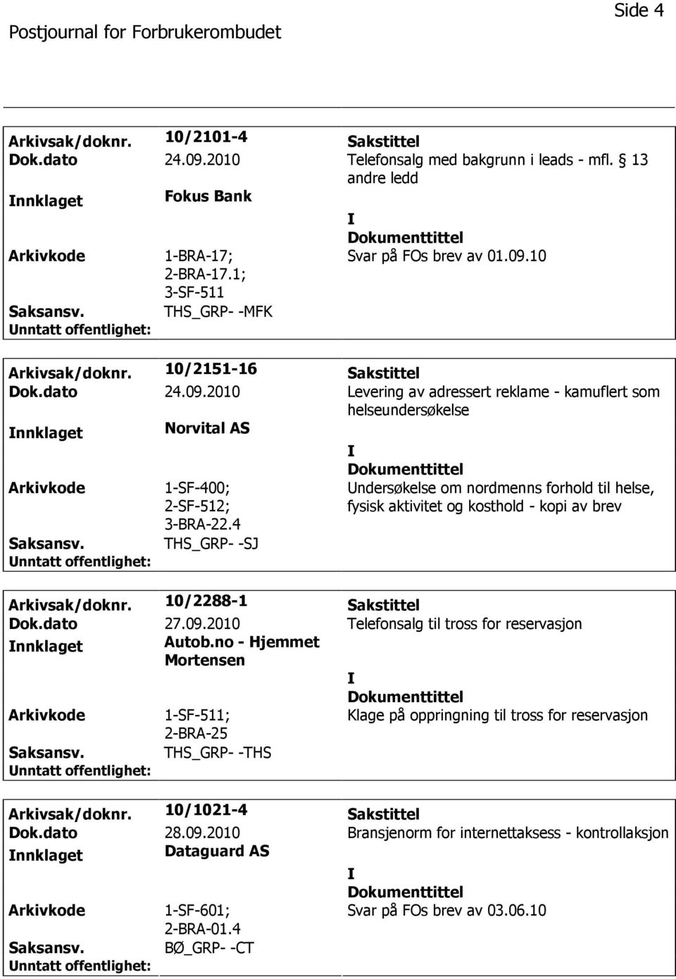 4 THS_GRP- -SJ Undersøkelse om nordmenns forhold til helse, fysisk aktivitet og kosthold - kopi av brev Arkivsak/doknr. 10/2288-1 Sakstittel Dok.dato 27.09.