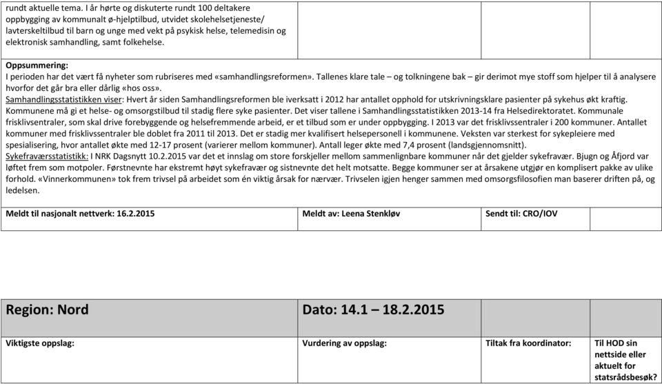 samhandling, samt folkehelse. Oppsummering: I perioden har det vært få nyheter som rubriseres med «samhandlingsreformen».