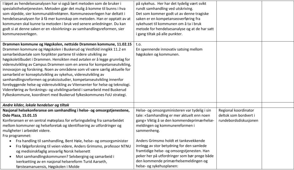 Du kan godt si at denne saken er en «bivirkning» av samhandlingsreformen, sier kommuneoverlegen. Drammen kommune og Høgskolen, nettside Drammen kommune, 11.02.