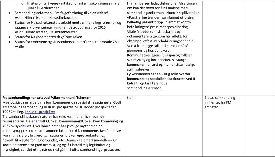 Status fra Nasjonalt nettverk v/tone Løken Status fra embetene og virksomhetsplaner på resultatområde 76.