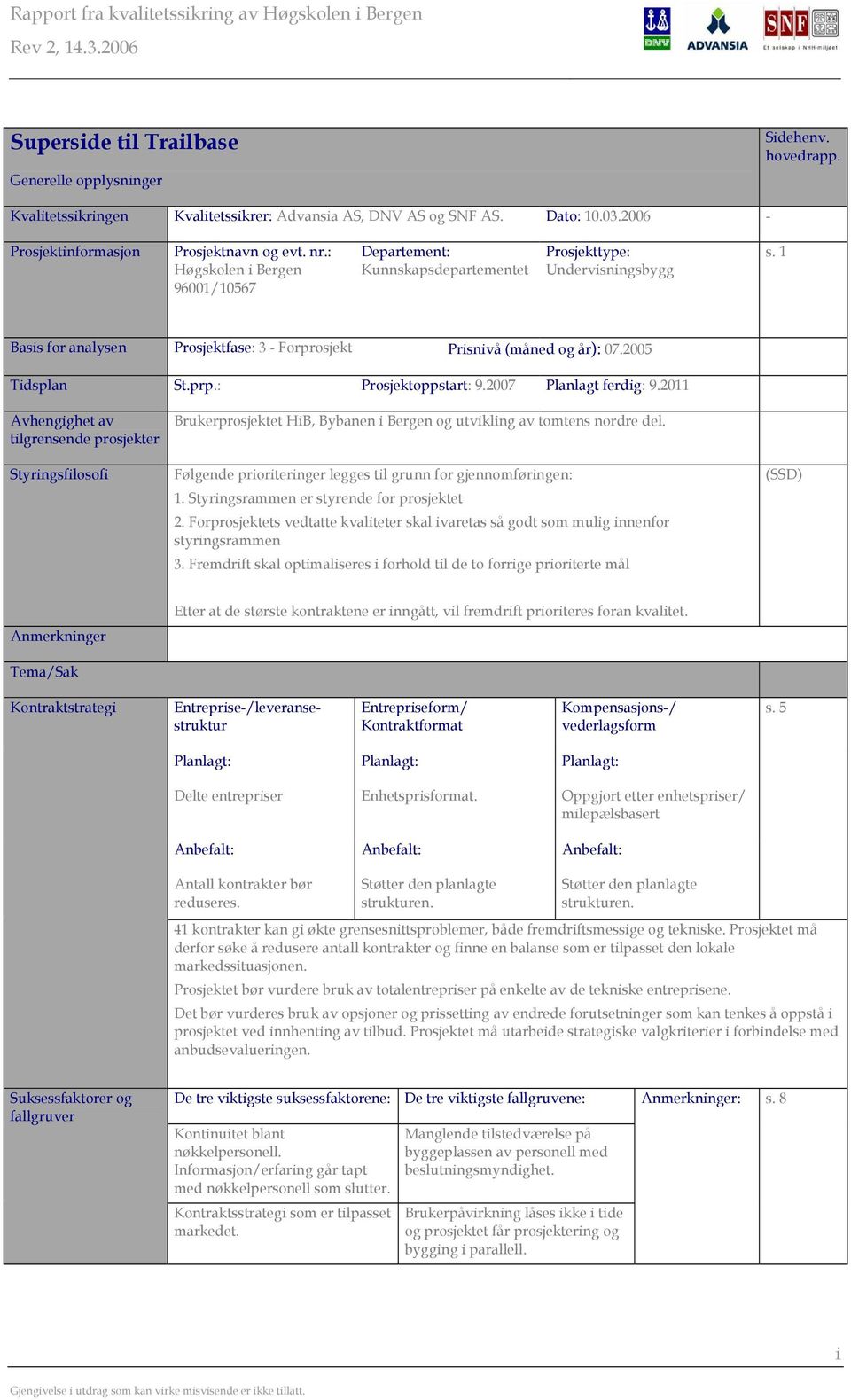 prp.: Prosjektoppstart: 9.2007 Planlagt ferdig: 9.2011 Avhengighet av tilgrensende prosjekter Styringsfilosofi Brukerprosjektet HiB, Bybanen i Bergen og utvikling av tomtens nordre del.