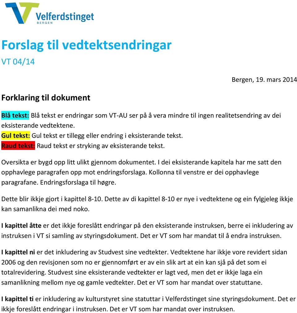 Gul tekst: Gul tekst er tillegg eller endring i eksisterande tekst. Raud tekst: Raud tekst er stryking av eksisterande tekst. Oversikta er bygd opp litt ulikt gjennom dokumentet.