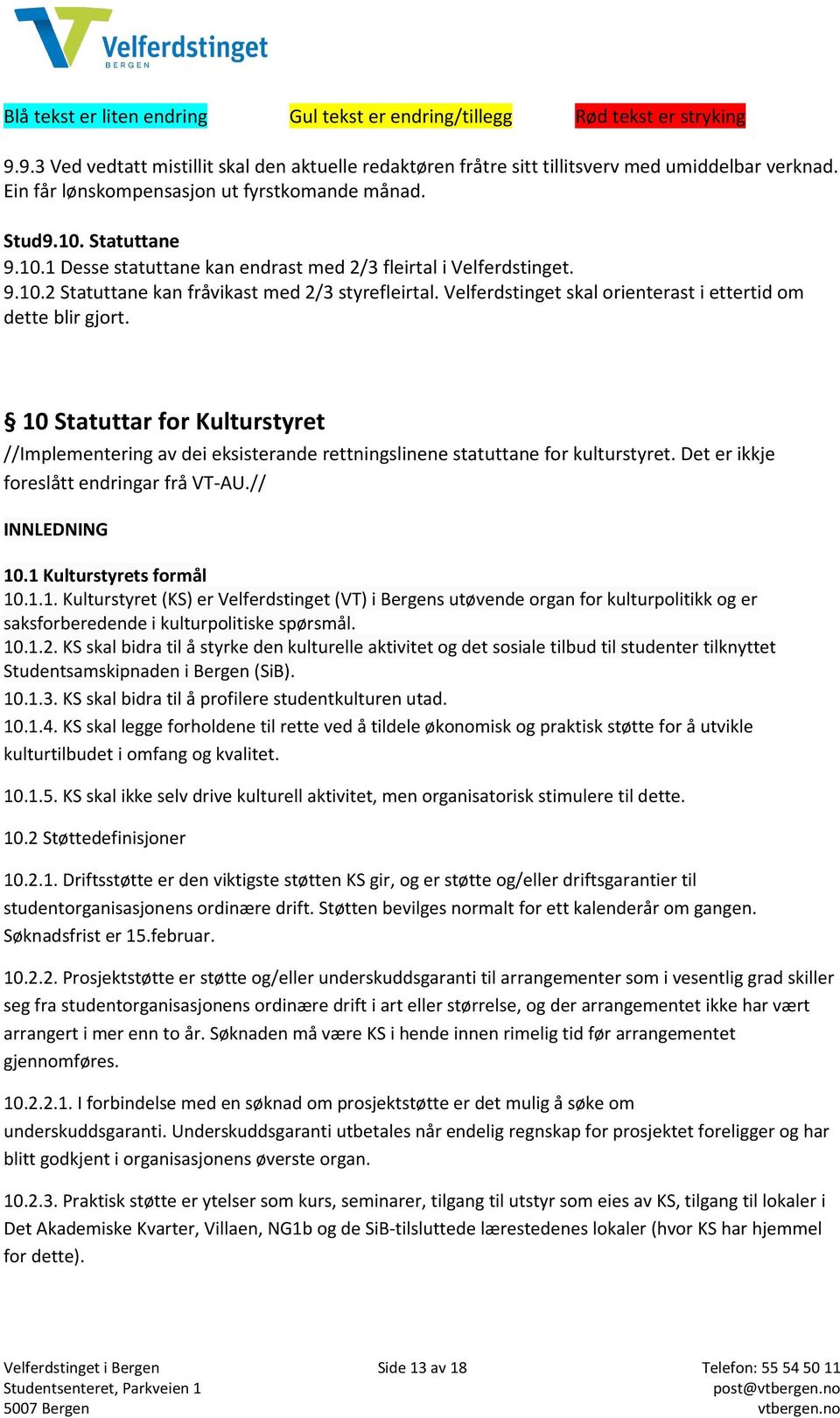 10 Statuttar for Kulturstyret //Implementering av dei eksisterande rettningslinene statuttane for kulturstyret. Det er ikkje foreslått endringar frå VT-AU.// INNLEDNING 10.1 Kulturstyrets formål 10.1.1. Kulturstyret (KS) er Velferdstinget (VT) i Bergens utøvende organ for kulturpolitikk og er saksforberedende i kulturpolitiske spørsmål.