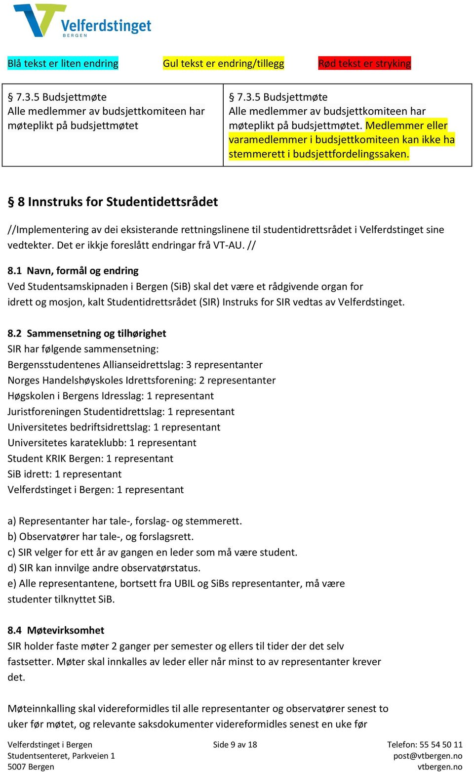 1 Navn, formål og endring Ved Studentsamskipnaden i Bergen (SiB) skal det være et rådgivende organ for idrett og mosjon, kalt Studentidrettsrådet (SIR) Instruks for SIR vedtas av Velferdstinget. 8.