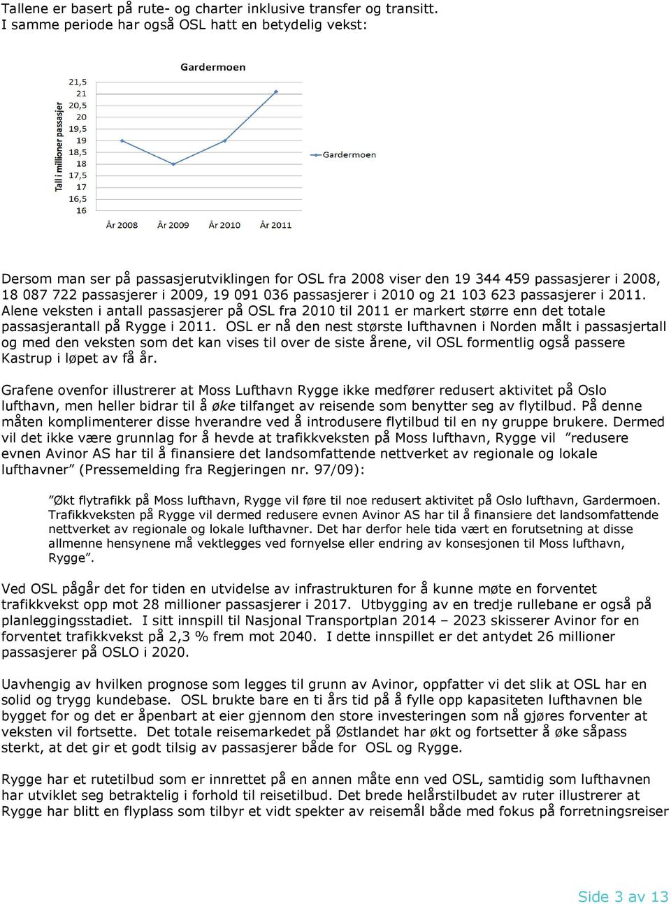 passasjerer i 2010 og 21 103 623 passasjerer i 2011. Alene veksten i antall passasjerer på OSL fra 2010 til 2011 er markert større enn det totale passasjerantall på Rygge i 2011.